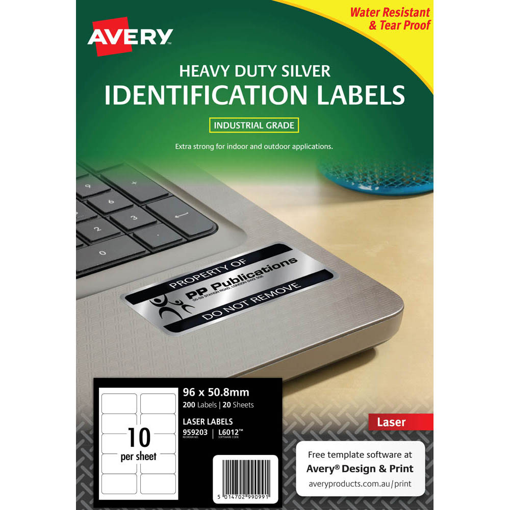 Avery 959203 L6012 Durable Metallic Heavy Duty Labels Silver 10up Pack 20 0353
